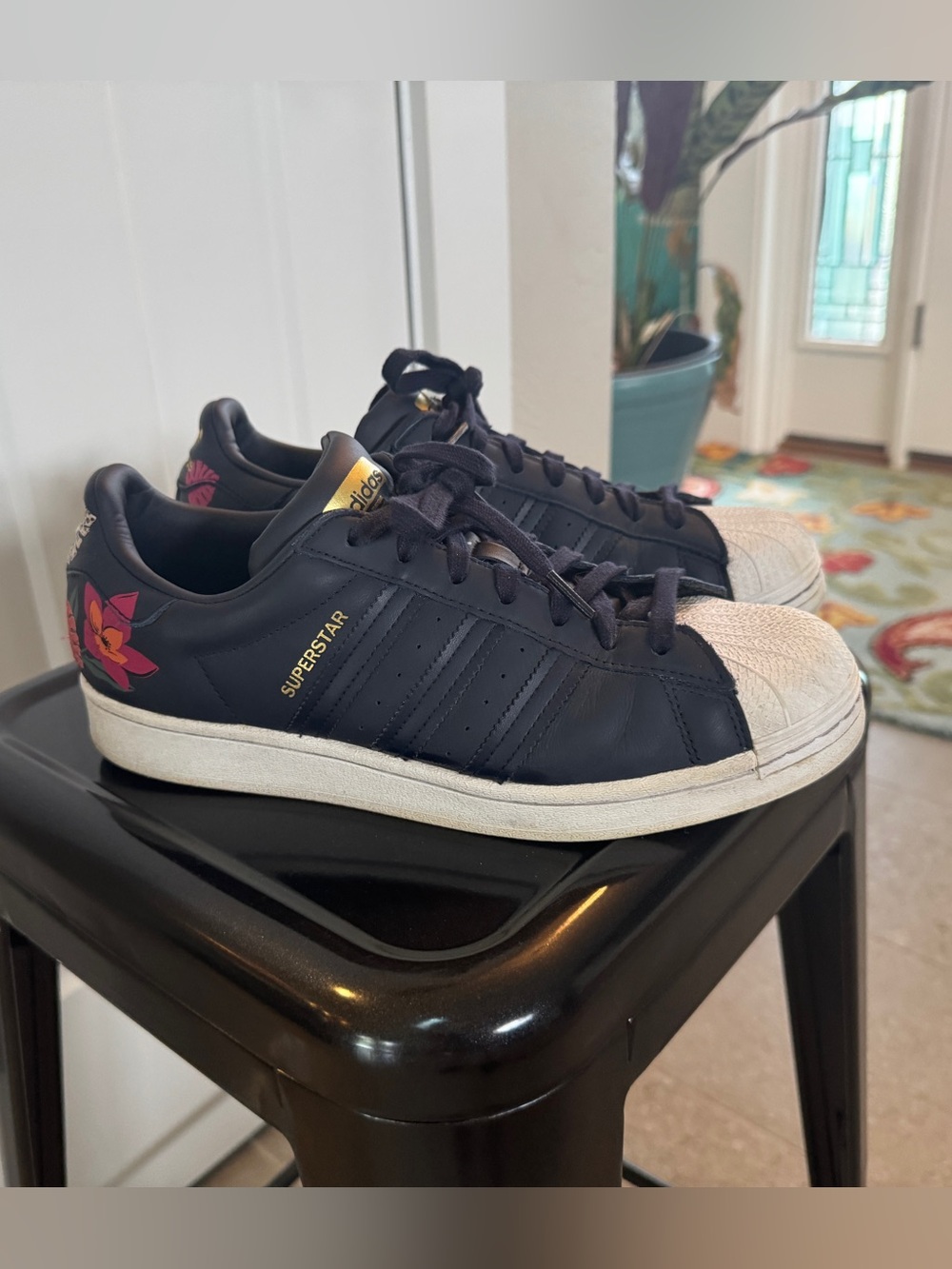 adidas Black Leather Superstar Sneakers with Pink Floral Heel